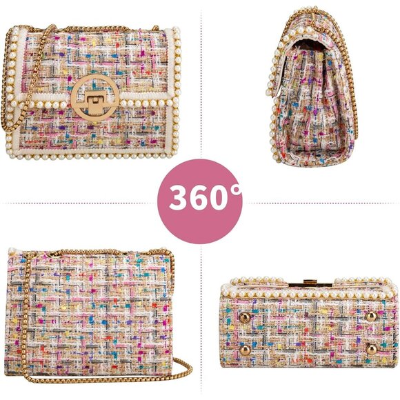 Pink Tweed Pearl Crossbody Bag for Women, Small Clutch with Chain Strap, Stylish - Picture 4 of 6